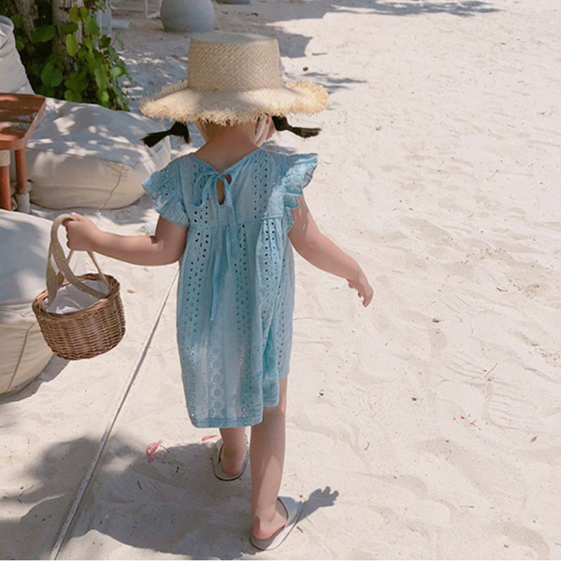 Suvine tüdrukute kleit Korea pühade vabaaja ühevärviline armas õõnes lendav varrukas pits Printsessi kleit beebile lastele lasteriided