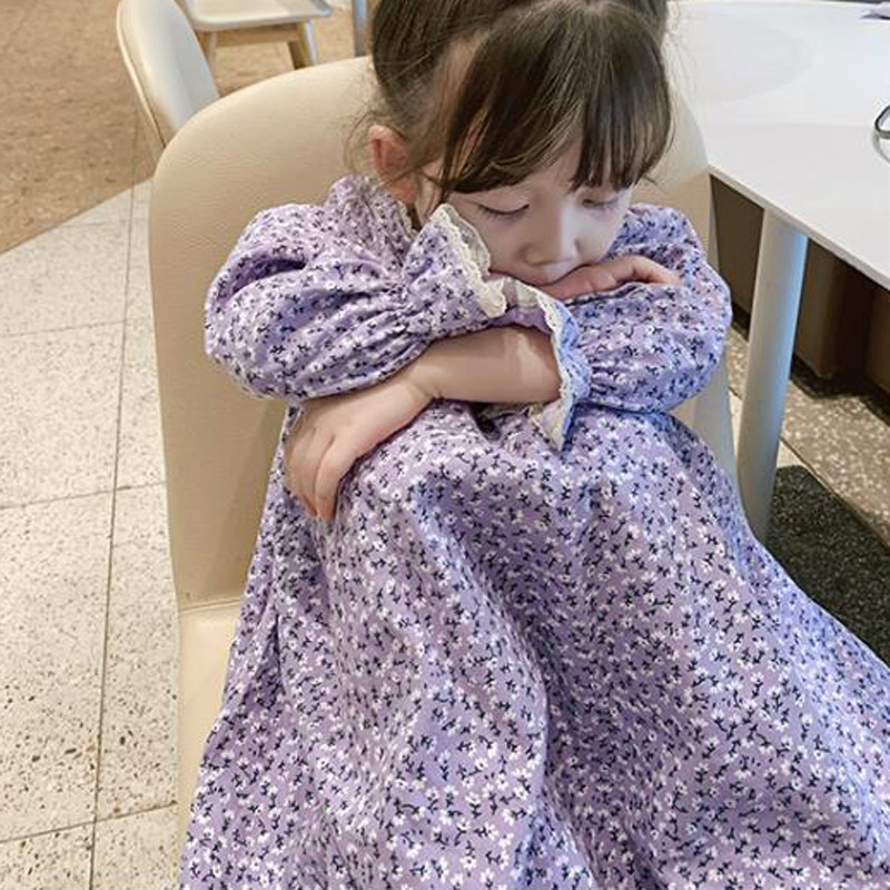 Haljina za djevojčice, širokih rukava, cvjetna haljina s čipkastim porubom, pastoralna proljetna i jesenska haljina s dugim rukavima za dječju odjeću