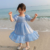 Suvine tüdrukute kleit Korea ühevärviline ruudukujuline krae lõngast puhvis varrukas Magus peokleit printsessi kleit beebile lastele lasteriided