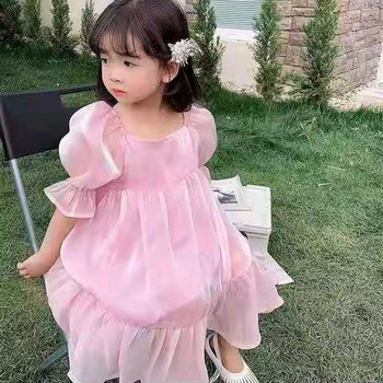 Καλοκαιρινό φόρεμα κοριτσιών Κορεάτικο μονόχρωμο τετράγωνο γιακά νήμα φουσκωτό μανίκι Γλυκό πάρτι Πριγκίπισσα φόρεμα Παιδικά παιδικά ρούχα