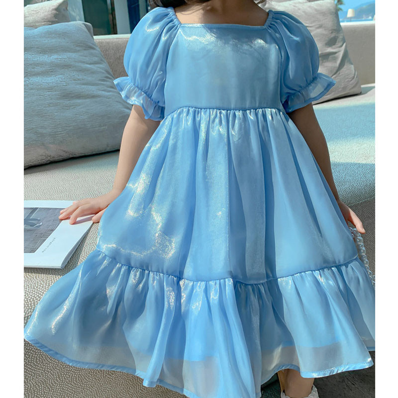 Suvine tüdrukute kleit Korea ühevärviline ruudukujuline krae lõngast puhvis varrukas Magus peokleit printsessi kleit beebile lastele lasteriided