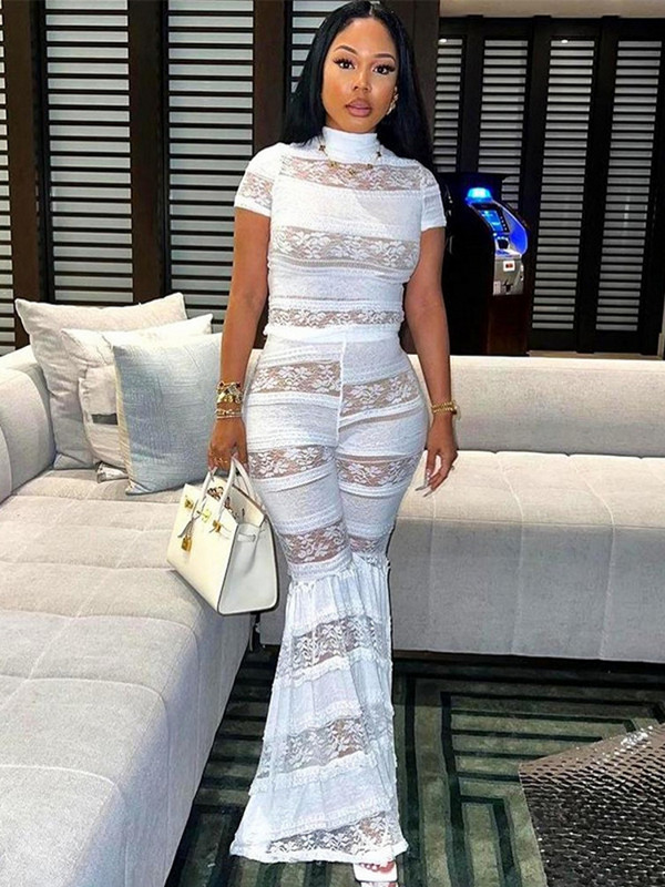 Γυναικείο σετ δύο τεμαχίων Εκπληκτική μόδα με κοντό μανίκι λουλούδι με δαντέλα μπλουζάκια και ψηλόμεσο παντελόνι γυναικείο street outfit