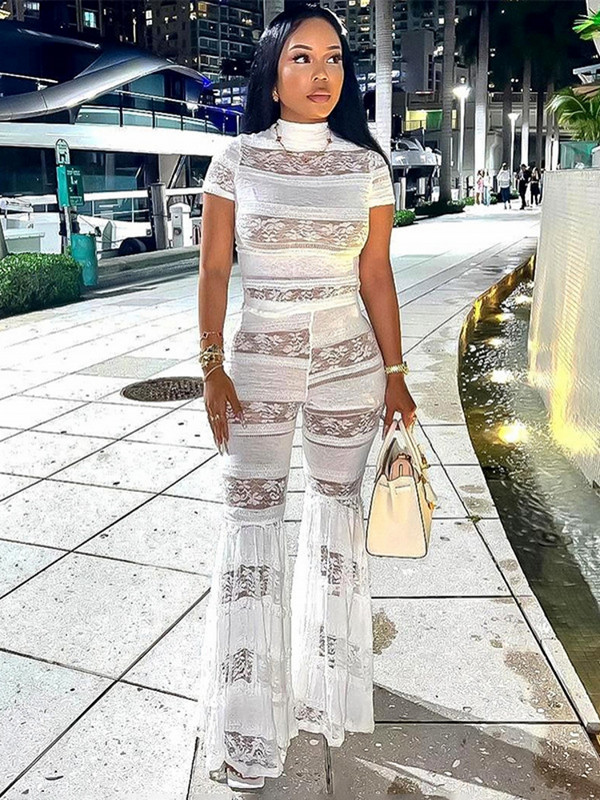 Γυναικείο σετ δύο τεμαχίων Εκπληκτική μόδα με κοντό μανίκι λουλούδι με δαντέλα μπλουζάκια και ψηλόμεσο παντελόνι γυναικείο street outfit