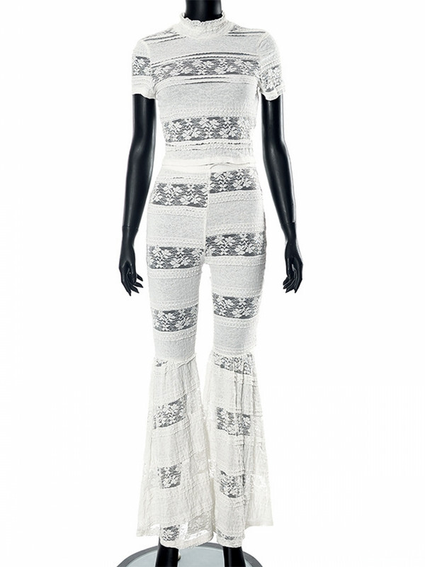 Γυναικείο σετ δύο τεμαχίων Εκπληκτική μόδα με κοντό μανίκι λουλούδι με δαντέλα μπλουζάκια και ψηλόμεσο παντελόνι γυναικείο street outfit