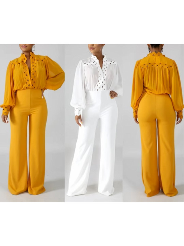 Set două piese pentru femei, vară, toamnă, cămașă cu mânecă lungă, bluză, top și pantaloni, costume, ținute, modă, birou, seturi asortate, ținută