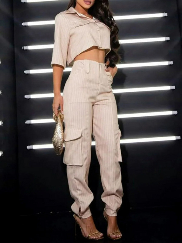 Set 2 piese Cămașă de toamnă și pantaloni lungi Costume femei bluză cu mânecă scurtă și pantaloni lați ținute casual 2023 vara nou