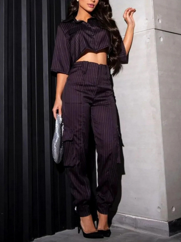 Set 2 piese Cămașă de toamnă și pantaloni lungi Costume femei bluză cu mânecă scurtă și pantaloni lați ținute casual 2023 vara nou