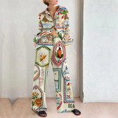 Naiste mustriga avarate pükste komplekt vabaaja üherealine allakäitava kraega pikkade varrukatega T-särgid Empire pitsilised laiad püksid