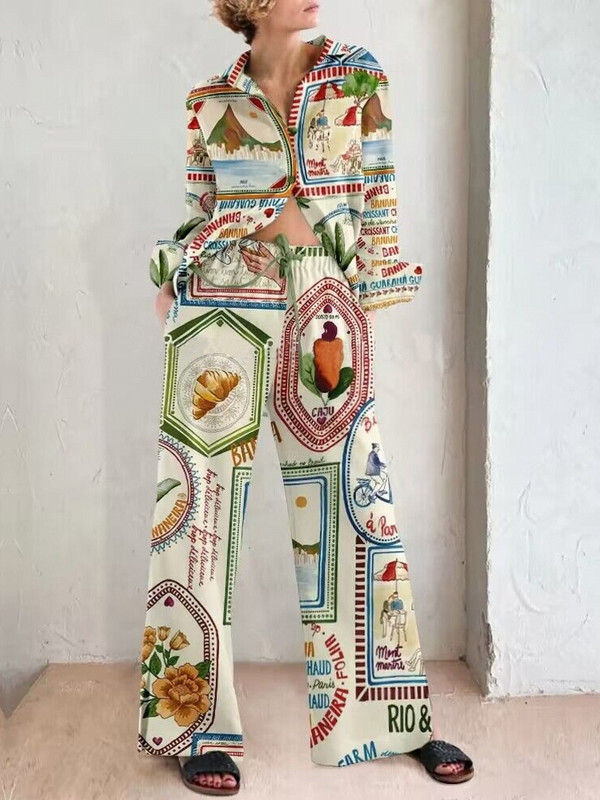 Naiste mustriga avarate pükste komplekt vabaaja üherealine allakäitava kraega pikkade varrukatega T-särgid Empire pitsilised laiad püksid