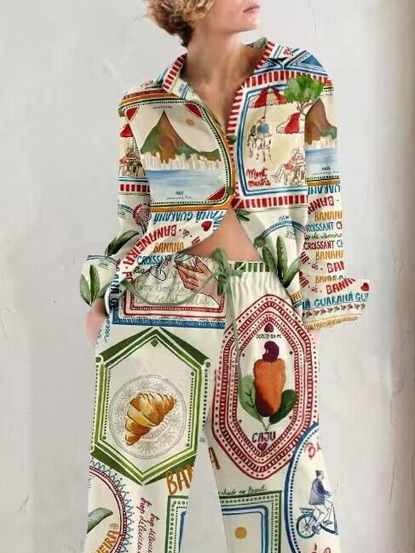 Naiste mustriga avarate pükste komplekt vabaaja üherealine allakäitava kraega pikkade varrukatega T-särgid Empire pitsilised laiad püksid