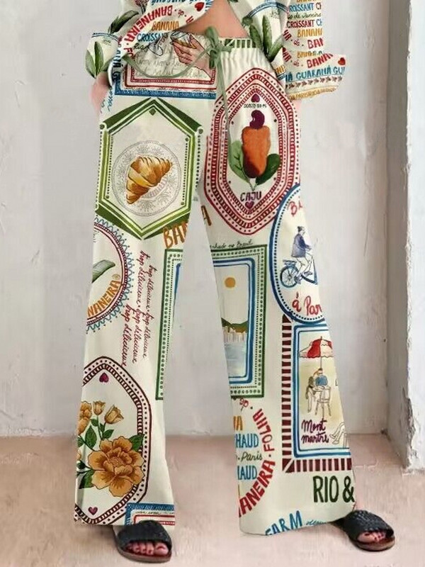 Naiste mustriga avarate pükste komplekt vabaaja üherealine allakäitava kraega pikkade varrukatega T-särgid Empire pitsilised laiad püksid