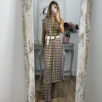 Kaheosaline 2023. aasta naiste vabaaja mustriga komplekt High Street Elegantne reisipükste ülikond, suvine lahtine boheemlaslik komplekt ja vöö