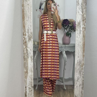 Kaheosaline 2023. aasta naiste vabaaja mustriga komplekt High Street Elegantne reisipükste ülikond, suvine lahtine boheemlaslik komplekt ja vöö