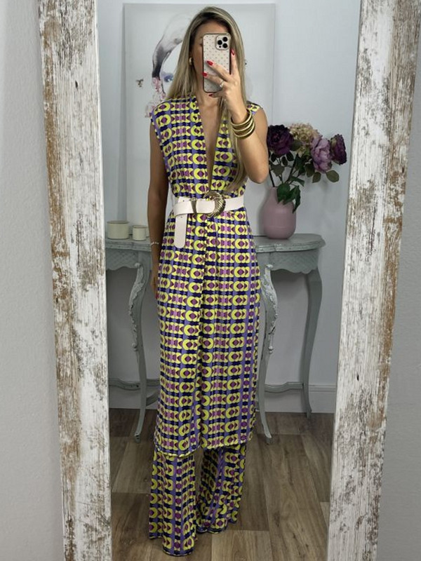 Kaheosaline 2023. aasta naiste vabaaja mustriga komplekt High Street Elegantne reisipükste ülikond, suvine lahtine boheemlaslik komplekt ja vöö