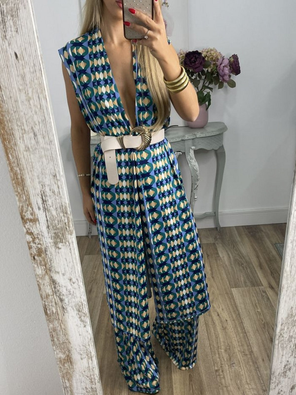 Kaheosaline 2023. aasta naiste vabaaja mustriga komplekt High Street Elegantne reisipükste ülikond, suvine lahtine boheemlaslik komplekt ja vöö