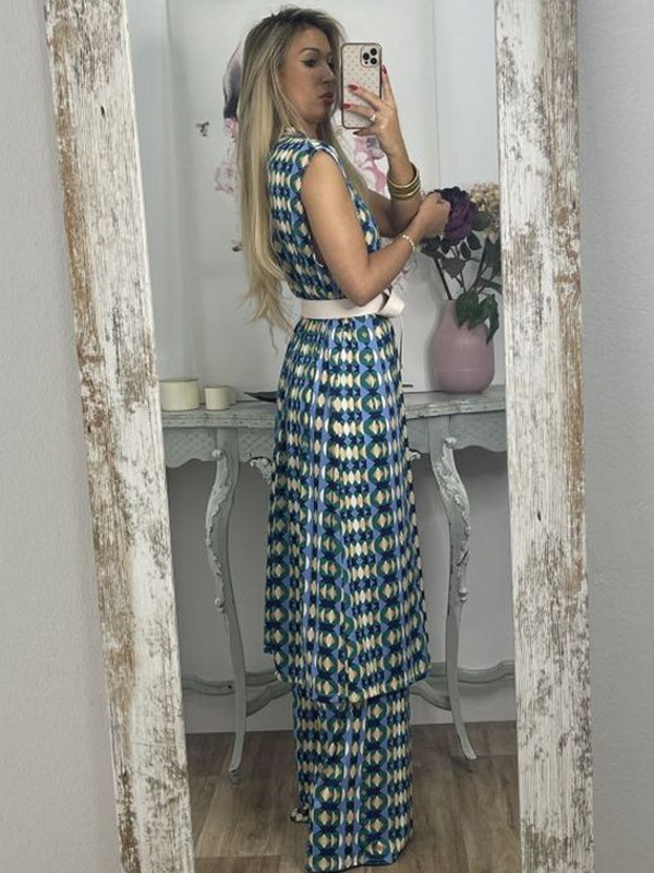 Kaheosaline 2023. aasta naiste vabaaja mustriga komplekt High Street Elegantne reisipükste ülikond, suvine lahtine boheemlaslik komplekt ja vöö