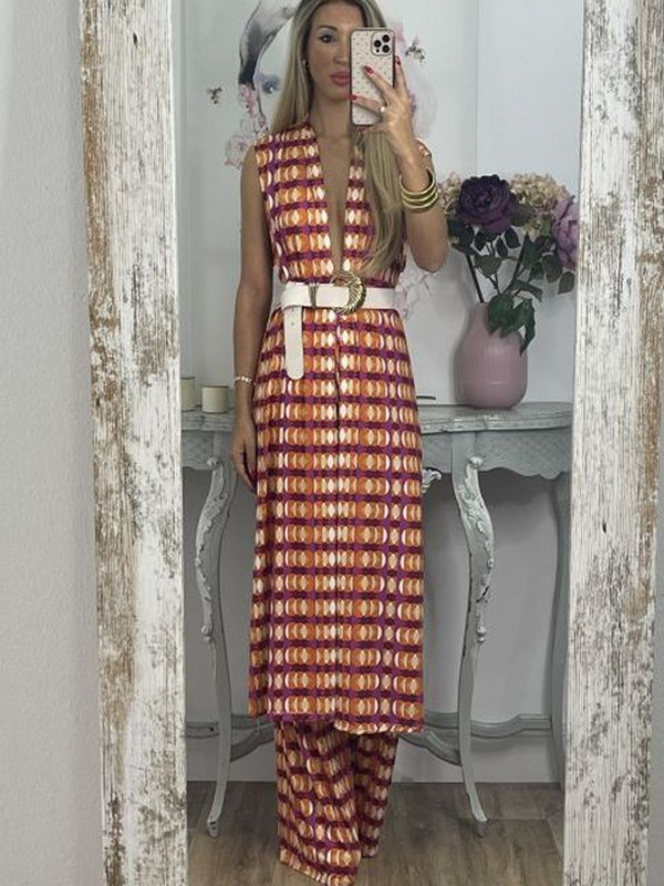 Kaheosaline 2023. aasta naiste vabaaja mustriga komplekt High Street Elegantne reisipükste ülikond, suvine lahtine boheemlaslik komplekt ja vöö