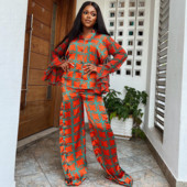 Dvodijelni set s afričkim prugama, majice dugih rukava i odijela s hlačama Proljeće jesen Ženski komplet s plaštom, modna odjeća