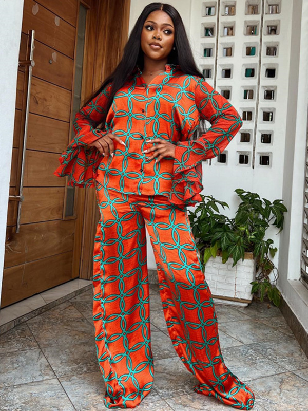 Dvodijelni set s afričkim prugama, majice dugih rukava i odijela s hlačama Proljeće jesen Ženski komplet s plaštom, modna odjeća