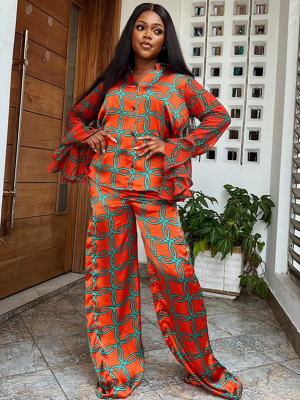 Dvodijelni set s afričkim prugama, majice dugih rukava i odijela s hlačama Proljeće jesen Ženski komplet s plaštom, modna odjeća