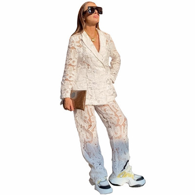 2-osalised sobivad pükstekomplektid, 2023. aasta suvesügis naiste komplekt, pits-lillega pikkade varrukatega pükste ülikond, kaheosalised dressirõivad