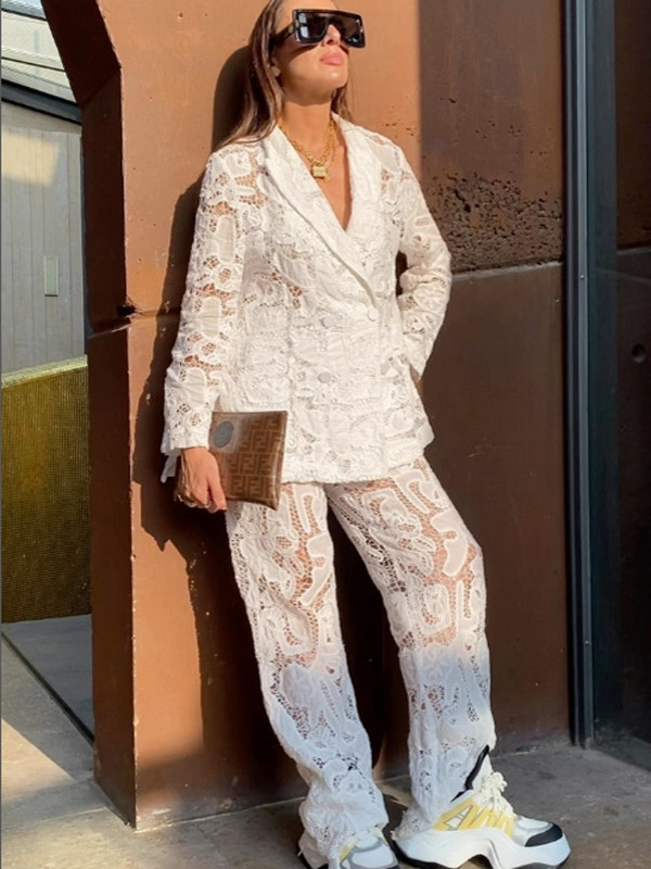 2-osalised sobivad pükstekomplektid, 2023. aasta suvesügis naiste komplekt, pits-lillega pikkade varrukatega pükste ülikond, kaheosalised dressirõivad