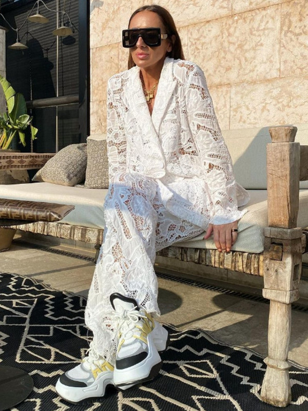 2-osalised sobivad pükstekomplektid, 2023. aasta suvesügis naiste komplekt, pits-lillega pikkade varrukatega pükste ülikond, kaheosalised dressirõivad