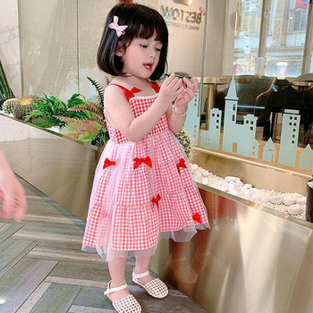 Καλοκαιρινό φόρεμα για κορίτσια Δαντέλα Edge καρό διχτυωτό φιόγκο Φόρεμα Παιδική στολή Μόδα Παιδική στολή Γλυκά βρεφικά καθημερινά ρούχα Παιδικά ρούχα