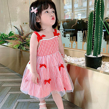 Καλοκαιρινό φόρεμα για κορίτσια Δαντέλα Edge καρό διχτυωτό φιόγκο Φόρεμα Παιδική στολή Μόδα Παιδική στολή Γλυκά βρεφικά καθημερινά ρούχα Παιδικά ρούχα