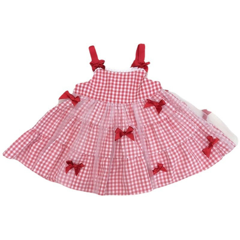 Rochie de vară pentru fete din dantelă cu margine în carouri rochie cu suspensie cu fundă din plasă.