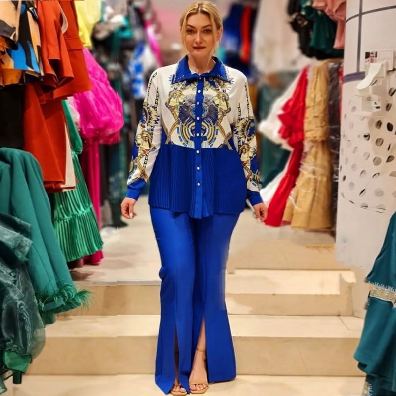 2-dijelni ženski set Dashiki afrička odjeća Ljeto Jesen Nova moda Top dugih rukava i hlača s prorezima Odijelo Odgovarajući setovi za dame