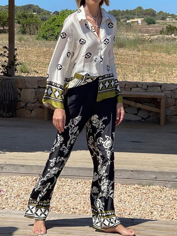 2023. aasta suvepuhkuse laia säärega pükste komplekt, kaheosaline komplekt Naiste vintage boho särk Sügisene vaba töö tänavarõivad Y2k rõivad