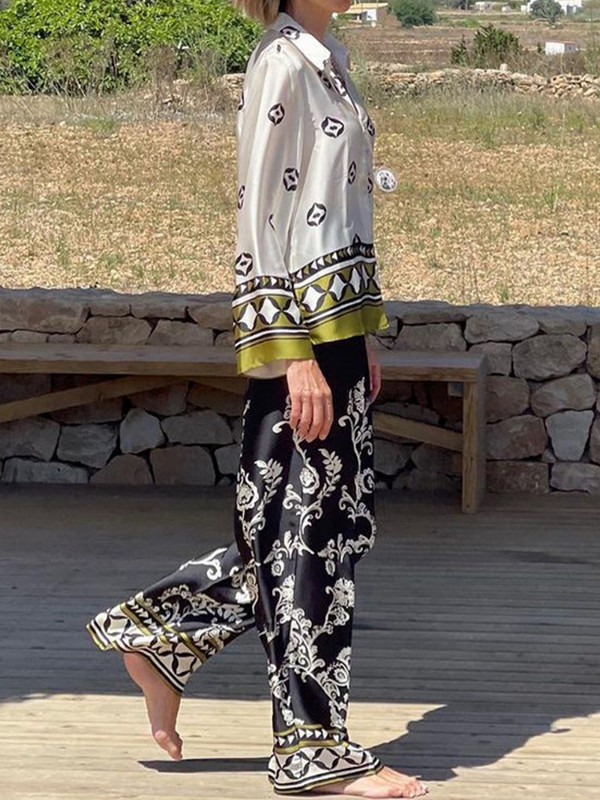 2023. aasta suvepuhkuse laia säärega pükste komplekt, kaheosaline komplekt Naiste vintage boho särk Sügisene vaba töö tänavarõivad Y2k rõivad