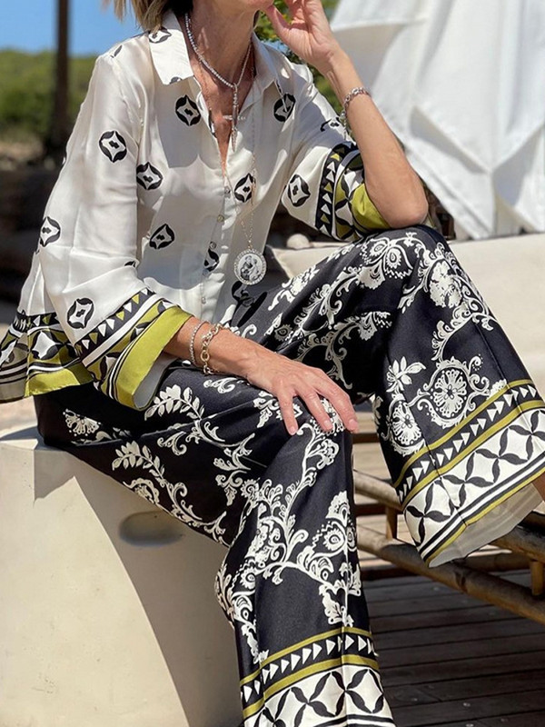 2023. aasta suvepuhkuse laia säärega pükste komplekt, kaheosaline komplekt Naiste vintage boho särk Sügisene vaba töö tänavarõivad Y2k rõivad