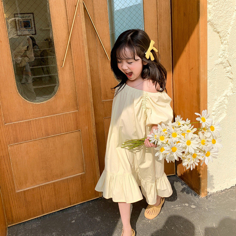 Tüdrukute suvekleit Välisrõivad Lasteriided ühe õlaga puhvis varrukatega kleit printsessi pikk Vestidose puhkuse rannakleit