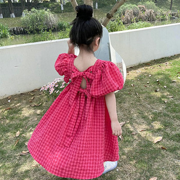 Φορέματα για κορίτσια με φούσκα μανίκια καρό γραβάτα Πριγκίπισσα φόρεμα Καλοκαιρινό νέο καρό φόρεμα Παιδική μόδα για κορίτσια Παιδικά ρούχα για κορίτσια