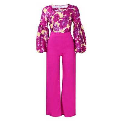 2 τεμάχια γυναικεία σετ 2023 Νέα άφιξη Καλοκαίρι φθινόπωρο ασορτί λουλούδι Print Two Pieces Σετ Τοπ και Παντελόνι Κοστούμια Κοστούμια Ρούχα