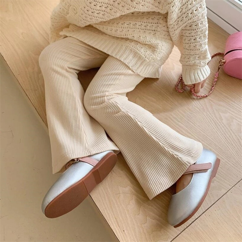 Kevad tüdrukud puuvillased soonikkoes laienevad püksid armsad tüdrukud beebi kõrge vöökoha elastsus õhukesed püksid säärised laste püksid