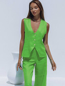 Kevadsuvi naiste püksikomplektid kontoris, 2 tükki, elegantne puuvillane linane V-kaelusega varrukateta vest ja kõrge vöökohaga püksid