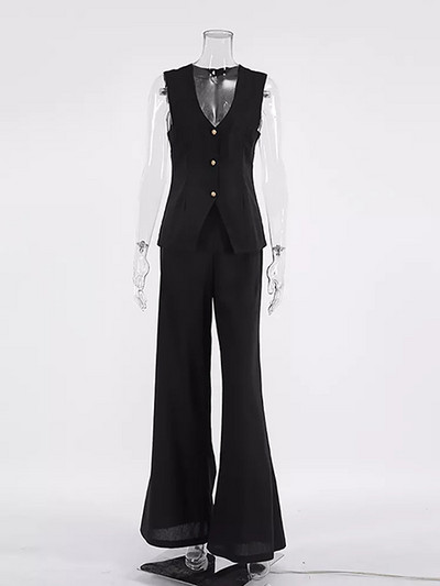 Kevadsuvi naiste püksikomplektid kontoris, 2 tükki, elegantne puuvillane linane V-kaelusega varrukateta vest ja kõrge vöökohaga püksid