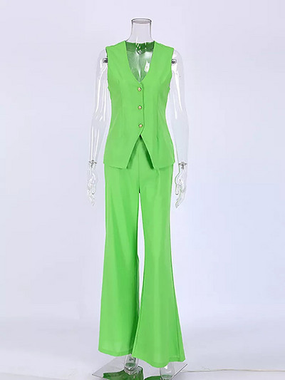 Kevadsuvi naiste püksikomplektid kontoris, 2 tükki, elegantne puuvillane linane V-kaelusega varrukateta vest ja kõrge vöökohaga püksid