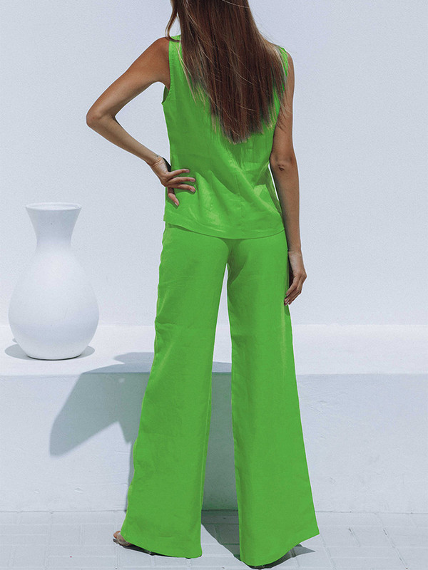 Kevadsuvi naiste püksikomplektid kontoris, 2 tükki, elegantne puuvillane linane V-kaelusega varrukateta vest ja kõrge vöökohaga püksid