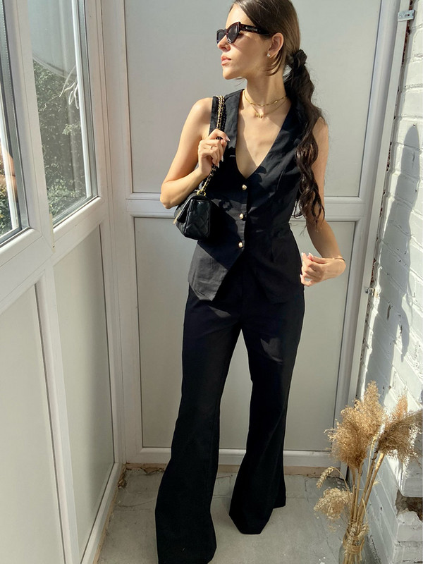 Kevadsuvi naiste püksikomplektid kontoris, 2 tükki, elegantne puuvillane linane V-kaelusega varrukateta vest ja kõrge vöökohaga püksid