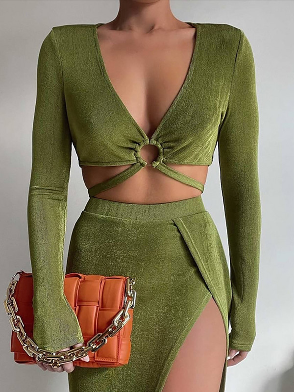 Proljeće ljeto Ženski dvodijelni kompleti suknji Modni ležerni halter Cross Crop Top i bandage Split duge haljine Odijela Ženska odjeća