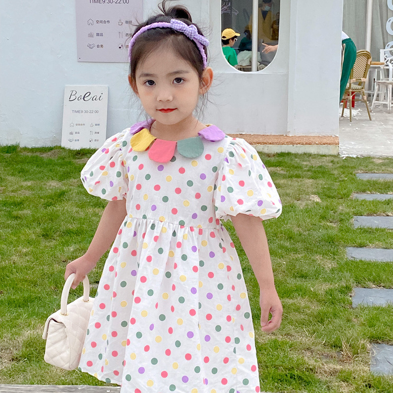 Ljetna haljina za djevojčice u korejskom stilu za 2022. Odjeća kratkih rukava u boji s ovratnikom u boji, od 1 do 6 godina Odjeća za djevojčice na točkice