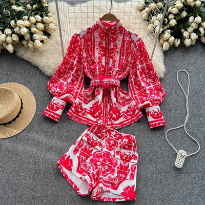 Naiste kontoririietus suveülikond, kaheosaline komplekt Naiste lühikesed komplektid Palace Print pikkade varrukatega pluustopid ja kõrge vöökohaga lühikesed püksid шорты