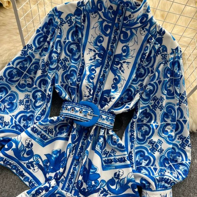 Naiste kontoririietus suveülikond, kaheosaline komplekt Naiste lühikesed komplektid Palace Print pikkade varrukatega pluustopid ja kõrge vöökohaga lühikesed püksid шорты