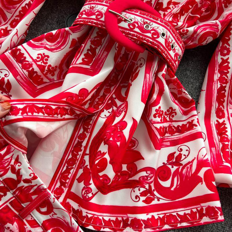 Naiste kontoririietus suveülikond, kaheosaline komplekt Naiste lühikesed komplektid Palace Print pikkade varrukatega pluustopid ja kõrge vöökohaga lühikesed püksid шорты