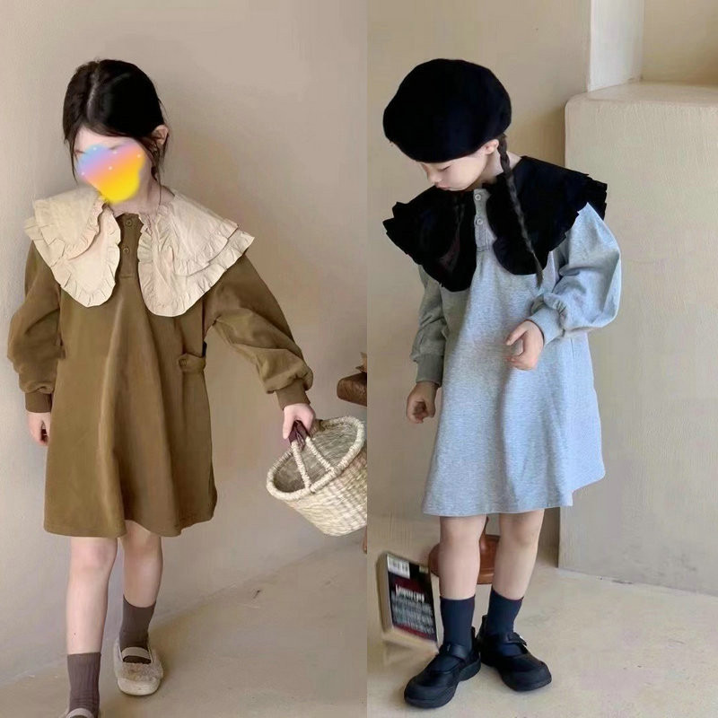 Suure krae ja plisseeritud servadega tüdrukute kleit Retro ülikoolilinnaku kleit Printsessi kleit 2023 sügiskleit Uued lasteriided