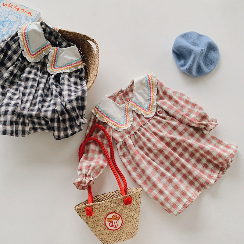 Jesenska haljina za djevojčice 2024. Proljetna polo kragna Čipkana karirana haljina za djevojčice Korejska verzija Modna dječja haljina dugih rukava